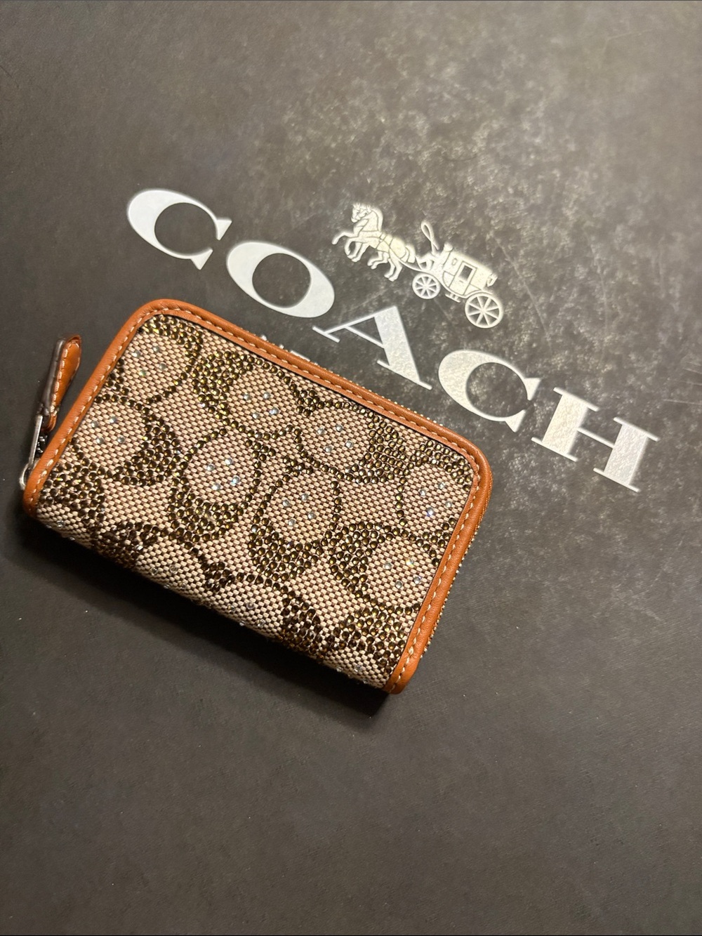 Coach Signature Canvas Zip Card Case in Brown/Tan Trim